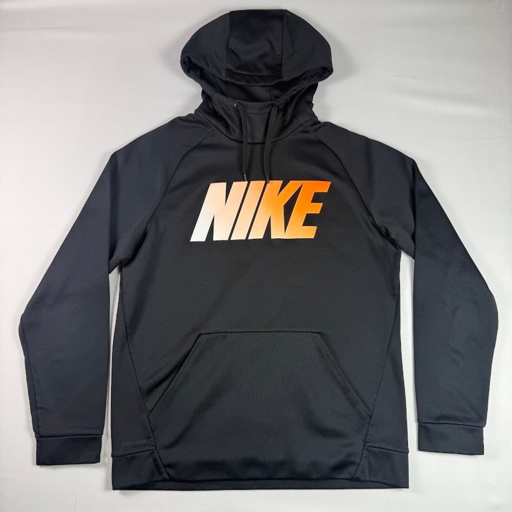 Nike Mens Dri-FIT Hoodie Black Orange Gradient Logo Pullover Sweatshirt Medium